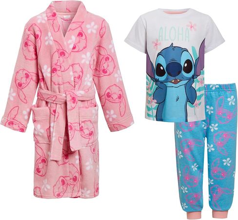 Disney Girls Stitch Dressing Gown + Pajamas Set Matching 3 Piece Set Kids Pink Bathrobe + Pjs in Saudi Arabia