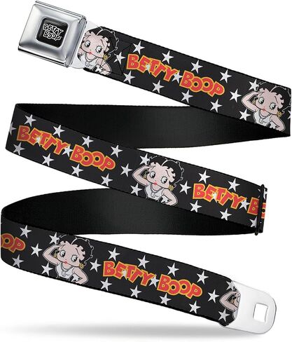 Fleischer Studios, Inc. حزام، حزام بإبزيم حزام الأمان، وضعية Betty Boop Salute ونجوم نصية أسود أبيض أصفر أحمر، قابل للتعديل in Kuwait