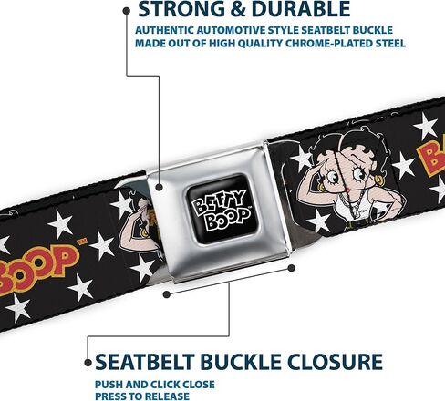 Fleischer Studios, Inc. حزام، حزام بإبزيم حزام الأمان، وضعية Betty Boop Salute ونجوم نصية أسود أبيض أصفر أحمر، قابل للتعديل in Kuwait
