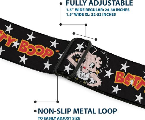 Fleischer Studios, Inc. حزام، حزام بإبزيم حزام الأمان، وضعية Betty Boop Salute ونجوم نصية أسود أبيض أصفر أحمر، قابل للتعديل in Kuwait