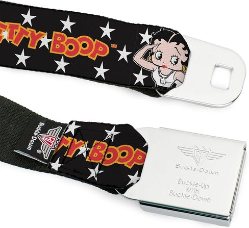 Fleischer Studios, Inc. حزام، حزام بإبزيم حزام الأمان، وضعية Betty Boop Salute ونجوم نصية أسود أبيض أصفر أحمر، قابل للتعديل in Kuwait