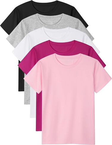 عبوة من 5 تي شيرتات قطنية للفتيات بأكمام قصيرة ورقبة دائرية تي شيرت بناتي سادة مع شريط مضاد للتعرق in Kuwait