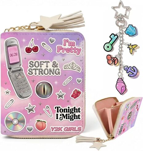 محفظة Y2K Pop صغيرة بسحاب مع سلسلة مفاتيح، محفظة عملات معدنية برسومات البوب ​​مستوحاة من Y2K مع شرابة للبطاقات والنقود والعملات المعدنية in Kuwait