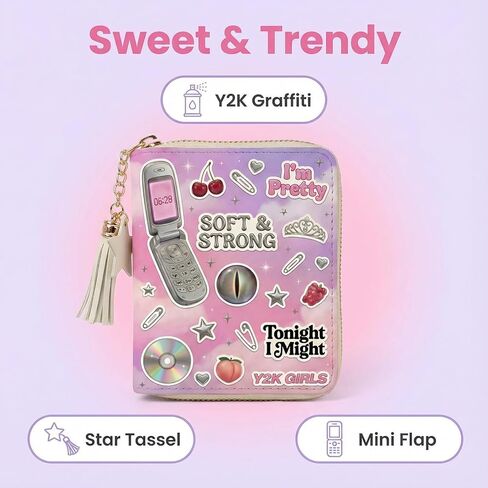 محفظة Y2K Pop صغيرة بسحاب مع سلسلة مفاتيح، محفظة عملات معدنية برسومات البوب ​​مستوحاة من Y2K مع شرابة للبطاقات والنقود والعملات المعدنية in Kuwait