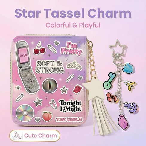 محفظة Y2K Pop صغيرة بسحاب مع سلسلة مفاتيح، محفظة عملات معدنية برسومات البوب ​​مستوحاة من Y2K مع شرابة للبطاقات والنقود والعملات المعدنية in Kuwait