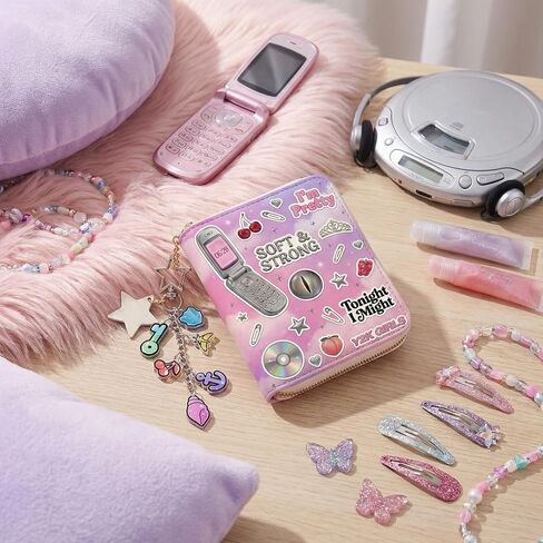 محفظة Y2K Pop صغيرة بسحاب مع سلسلة مفاتيح، محفظة عملات معدنية برسومات البوب ​​مستوحاة من Y2K مع شرابة للبطاقات والنقود والعملات المعدنية in Kuwait