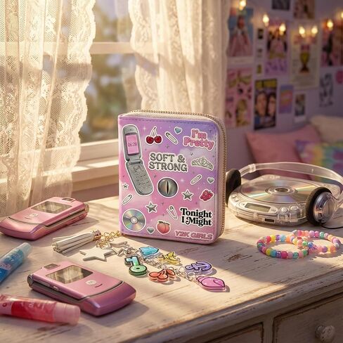 محفظة Y2K Pop صغيرة بسحاب مع سلسلة مفاتيح، محفظة عملات معدنية برسومات البوب ​​مستوحاة من Y2K مع شرابة للبطاقات والنقود والعملات المعدنية in Kuwait