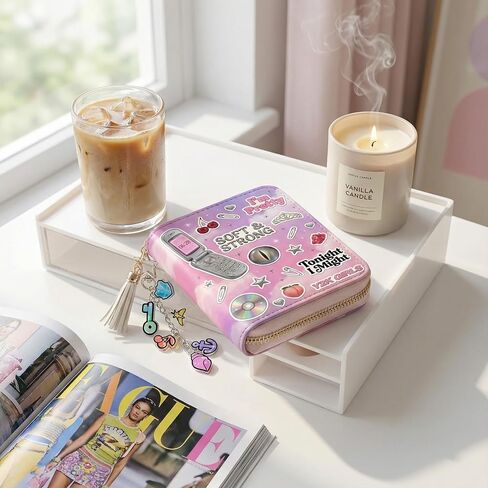 محفظة Y2K Pop صغيرة بسحاب مع سلسلة مفاتيح، محفظة عملات معدنية برسومات البوب ​​مستوحاة من Y2K مع شرابة للبطاقات والنقود والعملات المعدنية in Kuwait