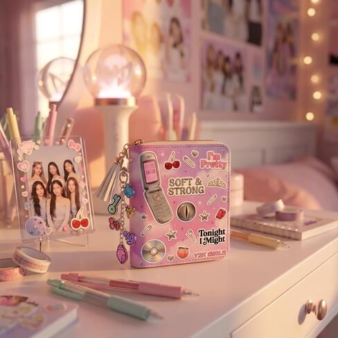 محفظة Y2K Pop صغيرة بسحاب مع سلسلة مفاتيح، محفظة عملات معدنية برسومات البوب ​​مستوحاة من Y2K مع شرابة للبطاقات والنقود والعملات المعدنية in Kuwait