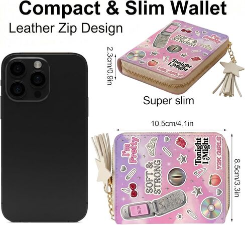 محفظة Y2K Pop صغيرة بسحاب مع سلسلة مفاتيح، محفظة عملات معدنية برسومات البوب ​​مستوحاة من Y2K مع شرابة للبطاقات والنقود والعملات المعدنية in Kuwait