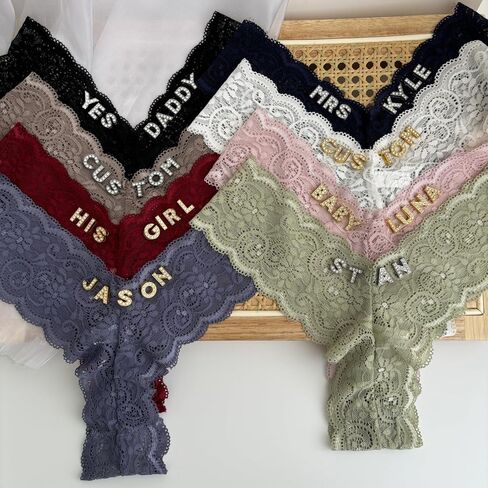 2-Pack Custom Name Thong, Personalization Panties Woman Silver or gold Rhinestone Shiny Letters Name, Customize husband or boyfriend phrases G-string Valentine's Day gift in Saudi Arabia