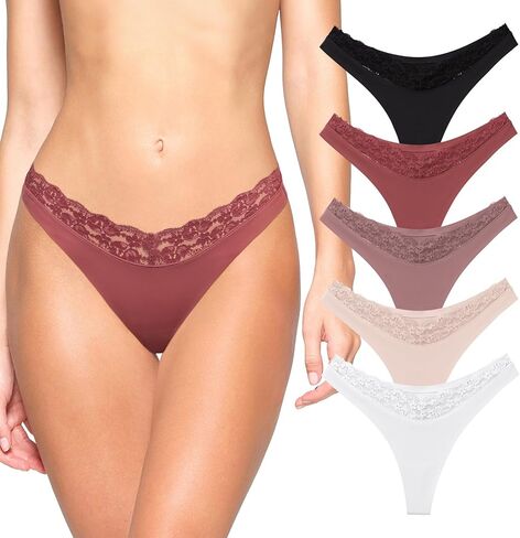 REORIA Womens Sexy Lace Seamless Thongs Panties for Women Cheeky No Show Breathable Underwear 5-Pack in Saudi Arabia