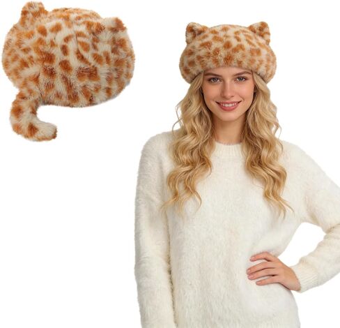 Women's Cat Ear Beret Hat with Tail Funny Artist Painter Cap Accessories Plush Winter Hat Furry Cute Cap Head Warmer in Saudi Arabia