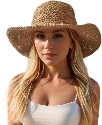 Floppy Big Beach Straw Hats for Women Foldable Summer Wide Brim Packable Oversized Sun Hat Womens Travel Straw Fedora Hat, Khaki-4, 7 1/8-7 1/4 in Saudi Arabia