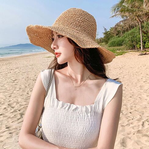 Floppy Big Beach Straw Hats for Women Foldable Summer Wide Brim Packable Oversized Sun Hat Womens Travel Straw Fedora Hat, Khaki-4, 7 1/8-7 1/4 in Saudi Arabia