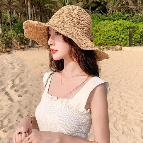 Floppy Big Beach Straw Hats for Women Foldable Summer Wide Brim Packable Oversized Sun Hat Womens Travel Straw Fedora Hat, Khaki-4, 7 1/8-7 1/4 in Saudi Arabia