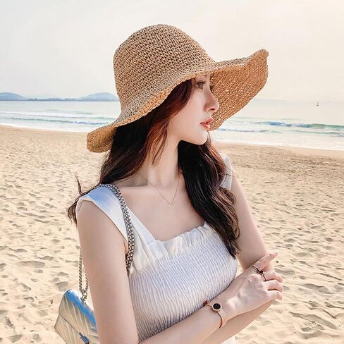 Floppy Big Beach Straw Hats for Women Foldable Summer Wide Brim Packable Oversized Sun Hat Womens Travel Straw Fedora Hat, Khaki-4, 7 1/8-7 1/4 in Saudi Arabia