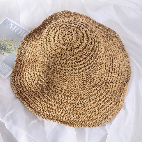 Floppy Big Beach Straw Hats for Women Foldable Summer Wide Brim Packable Oversized Sun Hat Womens Travel Straw Fedora Hat, Khaki-4, 7 1/8-7 1/4 in Saudi Arabia
