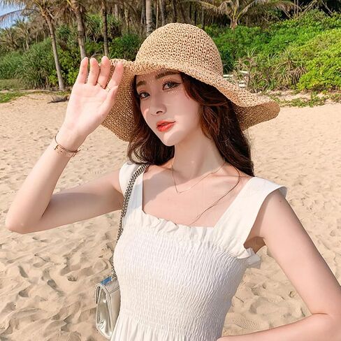 Floppy Big Beach Straw Hats for Women Foldable Summer Wide Brim Packable Oversized Sun Hat Womens Travel Straw Fedora Hat, Khaki-4, 7 1/8-7 1/4 in Saudi Arabia