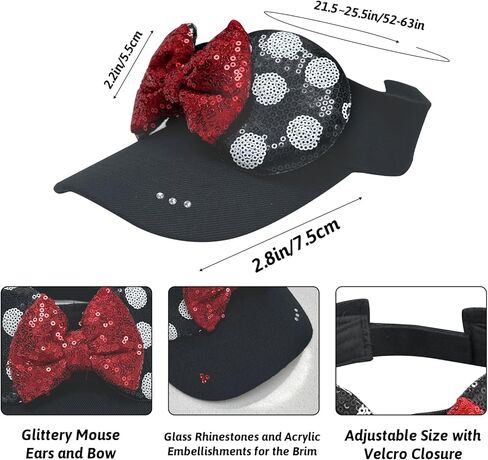 Sparkly Mouse Ears Visor Hat for Adult Women, Adjustable Sun Visor Cap with Sequin Mouse Ears Bow, Cute Party Headwear Glitter Visor Hat with Ears for Theme Parks & Festivals Black in Saudi Arabia