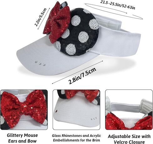 Sparkly Mouse Ears Visor Hat for Adult Women, Adjustable Sun Visor Cap with Sequin Mouse Ears Bow, Cute Party Headwear Glitter Visor Hat with Ears for Theme Parks & Festivals White in Saudi Arabia
