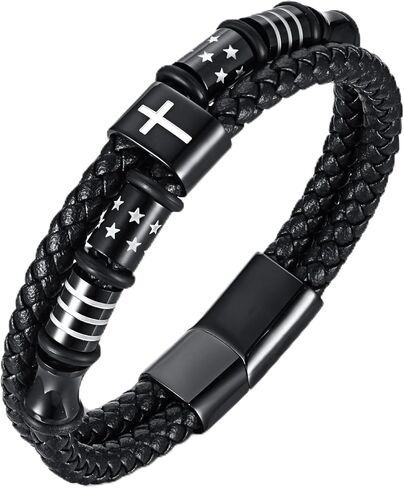 سوار رجالي من الجلد الطبيعي المضفر بالخرز، سوار من الأحجار الكريمة السوداء العقيق العقيق مسبحة مسبحة سبج، الإيمان الديني لعيد الفصح الكاثوليكي المسيحي المعمودية هدية مجوهرات عيد الميلاد للرجال in Kuwait