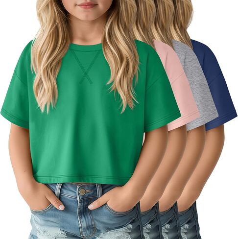 4 Pack Girls Oversized Crop Tops Short Sleeve 5-14 Years Drop Shoulder Crew Neck T-Shirts Kids Casual Athletic Tee in Saudi Arabia