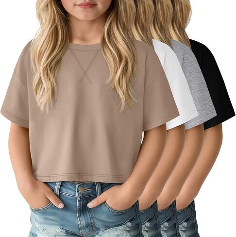 4 Pack Girls Oversized Crop Tops Short Sleeve 5-14 Years Drop Shoulder Crew Neck T-Shirts Kids Casual Athletic Tee in Saudi Arabia