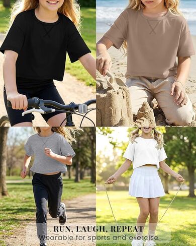 4 Pack Girls Oversized Crop Tops Short Sleeve 5-14 Years Drop Shoulder Crew Neck T-Shirts Kids Casual Athletic Tee in Saudi Arabia