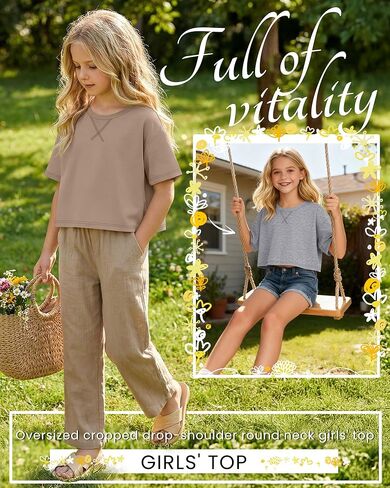 4 Pack Girls Oversized Crop Tops Short Sleeve 5-14 Years Drop Shoulder Crew Neck T-Shirts Kids Casual Athletic Tee in Saudi Arabia