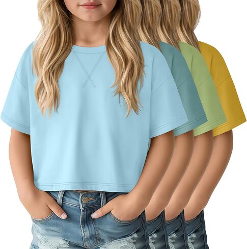 4 Pack Girls Oversized Crop Tops Short Sleeve 5-14 Years Drop Shoulder Crew Neck T-Shirts Kids Casual Athletic Tee in Saudi Arabia
