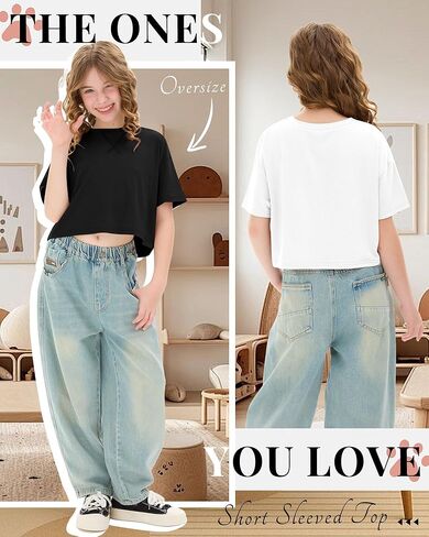 4 Pack Girls Oversized Crop Tops Short Sleeve 5-14 Years Drop Shoulder Crew Neck T-Shirts Kids Casual Athletic Tee in Saudi Arabia