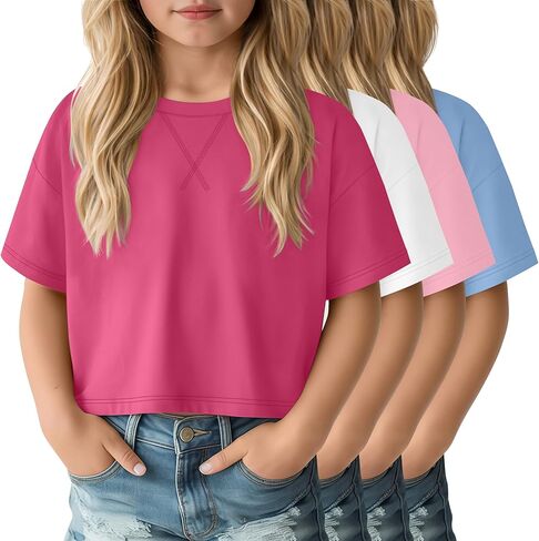 4 Pack Girls Oversized Crop Tops Short Sleeve 5-14 Years Drop Shoulder Crew Neck T-Shirts Kids Casual Athletic Tee in Saudi Arabia