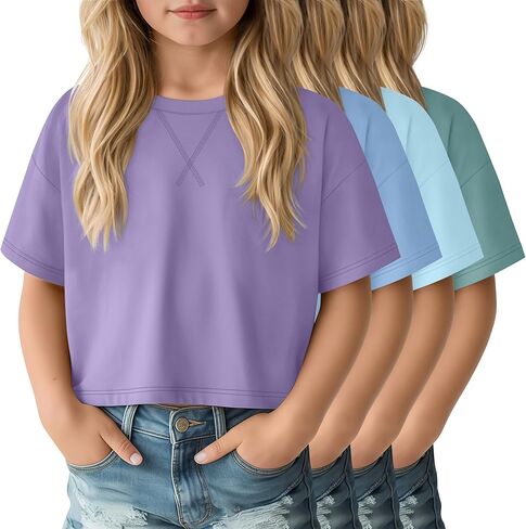 4 Pack Girls Oversized Crop Tops Short Sleeve 5-14 Years Drop Shoulder Crew Neck T-Shirts Kids Casual Athletic Tee in Saudi Arabia