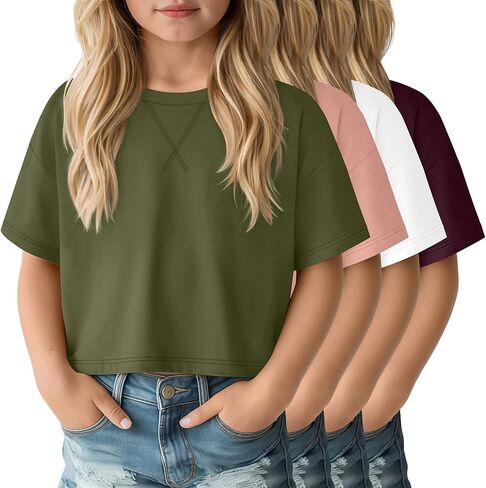 4 Pack Girls Oversized Crop Tops Short Sleeve 5-14 Years Drop Shoulder Crew Neck T-Shirts Kids Casual Athletic Tee in Saudi Arabia