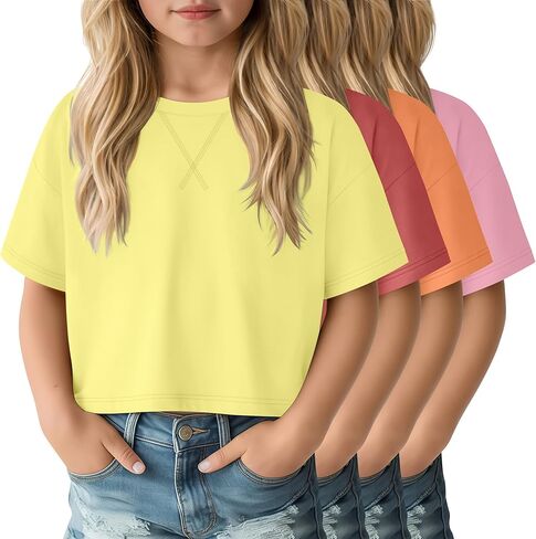 4 Pack Girls Oversized Crop Tops Short Sleeve 5-14 Years Drop Shoulder Crew Neck T-Shirts Kids Casual Athletic Tee in Saudi Arabia