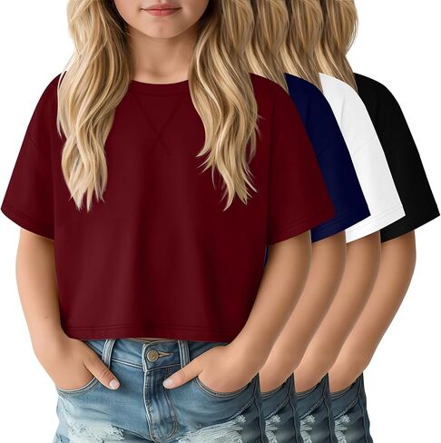 4 Pack Girls Oversized Crop Tops Short Sleeve 5-14 Years Drop Shoulder Crew Neck T-Shirts Kids Casual Athletic Tee in Saudi Arabia
