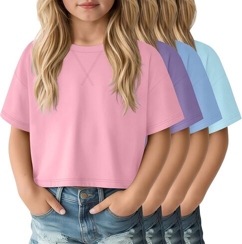 4 Pack Girls Oversized Crop Tops Short Sleeve 5-14 Years Drop Shoulder Crew Neck T-Shirts Kids Casual Athletic Tee in Saudi Arabia
