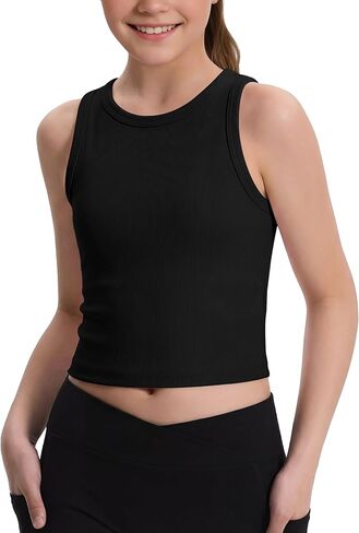 Poroka Girls Tank Tops Kids Athletic Sleeveless Crew Neck Ribbed Knit Casual Workout Crop Tops 5-14Y in Saudi Arabia