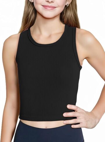 Girls Tank Tops Cute Crop Kids Athletic Round Neck Ribbed Knit Sleeveless Basic Camisole Top for Teen in Saudi Arabia