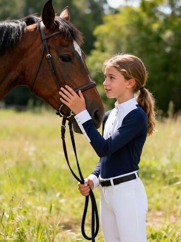 قميص عرض الفروسية للفتيات للأطفال، قميص مسابقة ركوب الخيل، ياقة واقفة بيضاء (XS–L) in Kuwait