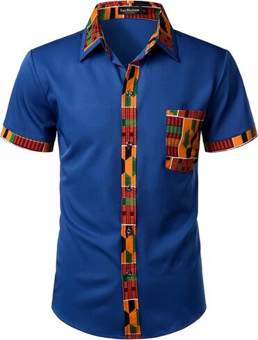 قميص رجالي من LucMatton مطبوع عليه Kente بأكمام قصيرة وأزرار سفلية، قمصان Dashiki برسومات أفريقية وقبلية in Kuwait