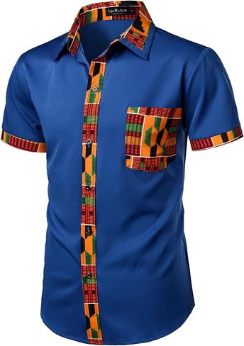قميص رجالي من LucMatton مطبوع عليه Kente بأكمام قصيرة وأزرار سفلية، قمصان Dashiki برسومات أفريقية وقبلية in Kuwait