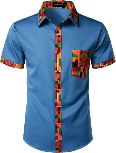 قميص رجالي من LucMatton مطبوع عليه Kente بأكمام قصيرة وأزرار سفلية، قمصان Dashiki برسومات أفريقية وقبلية in Kuwait