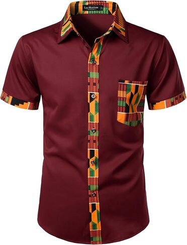 قميص رجالي من LucMatton مطبوع عليه Kente بأكمام قصيرة وأزرار سفلية، قمصان Dashiki برسومات أفريقية وقبلية in Kuwait