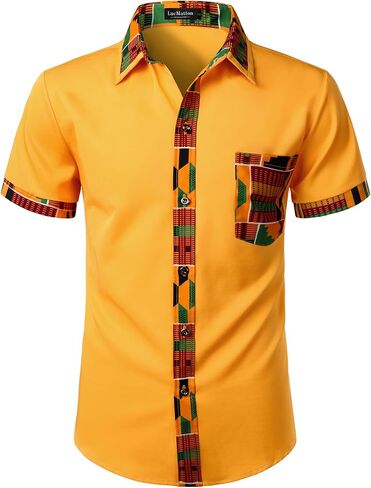 قميص رجالي من LucMatton مطبوع عليه Kente بأكمام قصيرة وأزرار سفلية، قمصان Dashiki برسومات أفريقية وقبلية in Kuwait