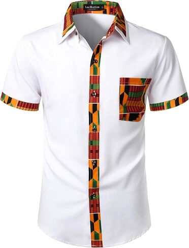 قميص رجالي من LucMatton مطبوع عليه Kente بأكمام قصيرة وأزرار سفلية، قمصان Dashiki برسومات أفريقية وقبلية in Kuwait