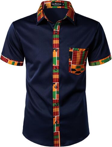 قميص رجالي من LucMatton مطبوع عليه Kente بأكمام قصيرة وأزرار سفلية، قمصان Dashiki برسومات أفريقية وقبلية in Kuwait
