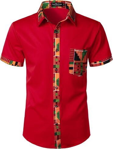 قميص رجالي من LucMatton مطبوع عليه Kente بأكمام قصيرة وأزرار سفلية، قمصان Dashiki برسومات أفريقية وقبلية in Kuwait