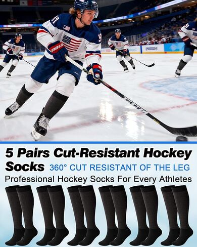 Ramede 5 Pairs Cut Resistant Hockey Socks A5 Level Protection Skate Black Knee Long Socks for Hockey Players Coaches Gardening Work in Saudi Arabia